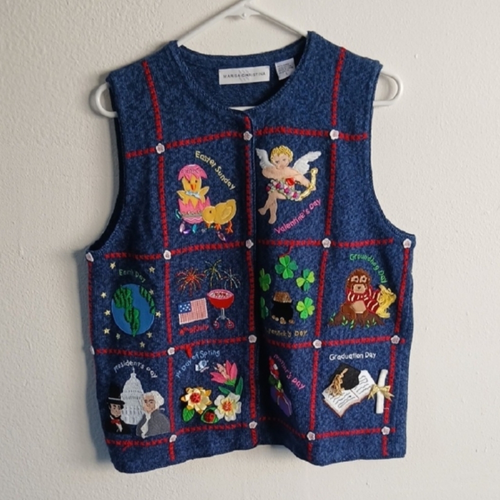 Vintage Marisa Christina Navy Blue Knit Embroided Calendar Vest Size Large
